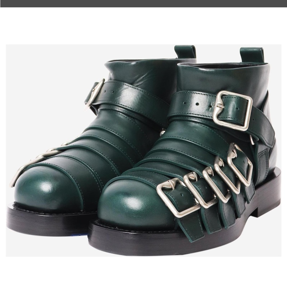 Burberry Dark Green Multi Buckle-strap Leather Ankle Biker Boots